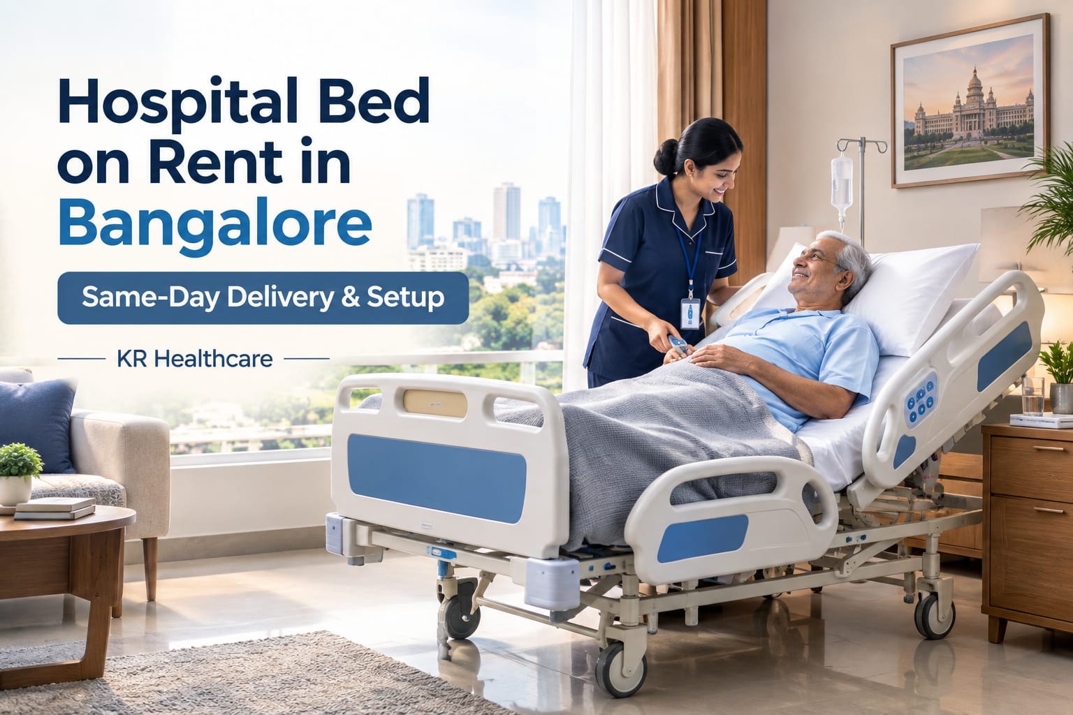 Hospital bed on rent in Bangalore set up in a home care room